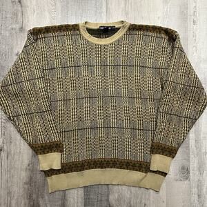 VTG Nautica Beige Cotton Knit Heavy Textured Tartan Pull Over Preppy Sweater L